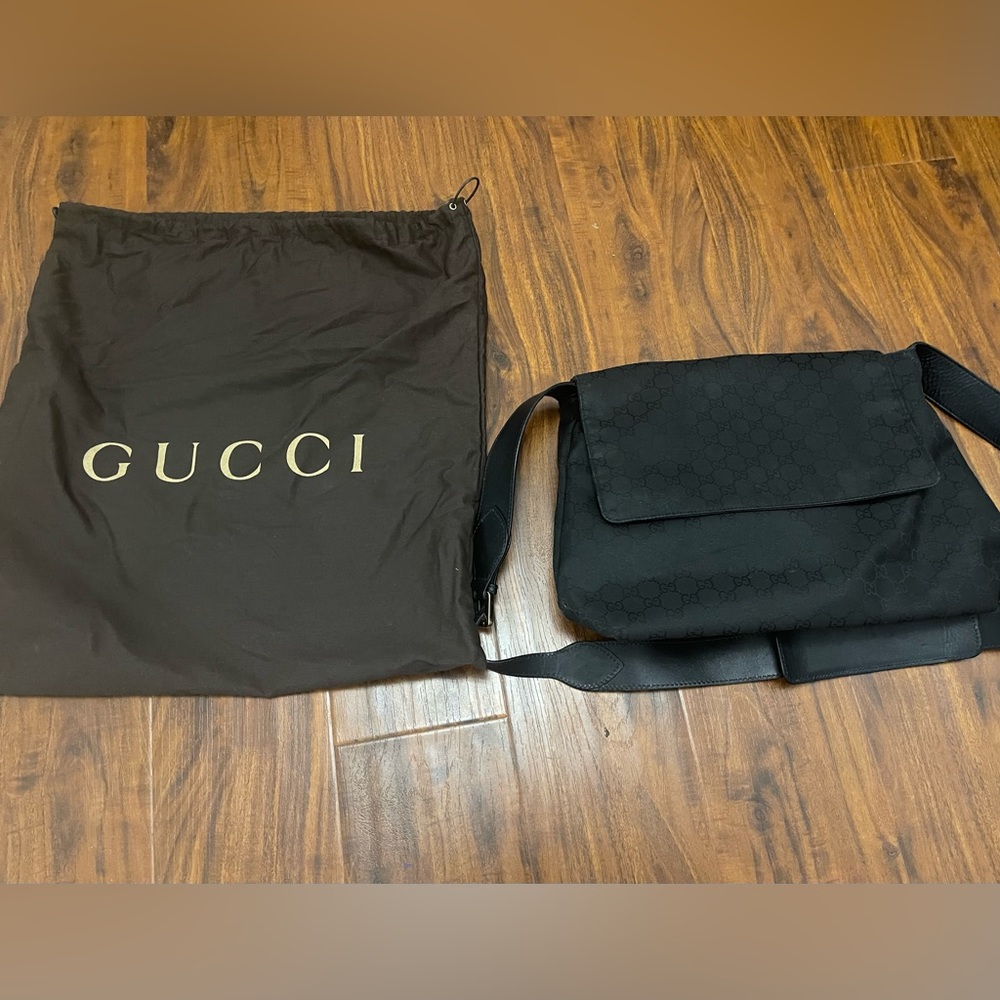 Authentic Gucci Monogram Nylon Flap Messenger Bag